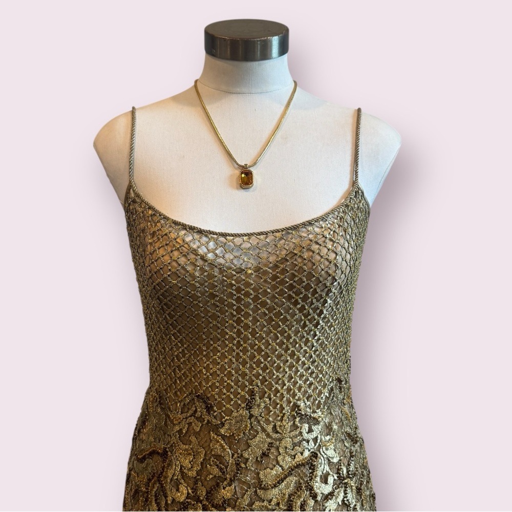 NWT Vintage Custom Peggy Jennings Gown Gold Sequin Crochet & Silk Elegant Dress - Picture 4 of 17